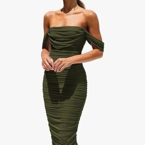 Elegant Olive Green Off-Shoulder Dress